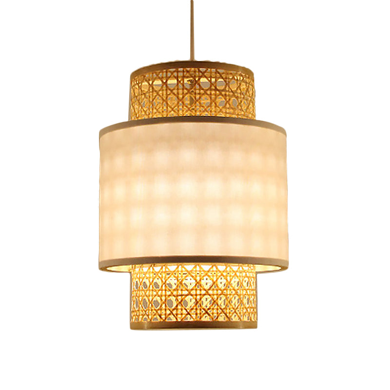 Asian Style 1 Bulb Hanging Light with Bamboo and Fabric Shade Red/White Cylinder Ceiling Light Fixture for Restaurant