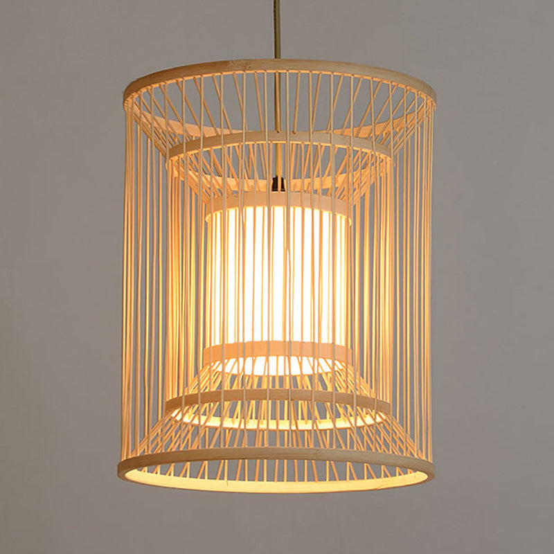 14 "/16" breiter Zylinder Anhängerlampe Asiatischer Stil Bambus 1-Licht beige hängende Leuchte für Esszimmer