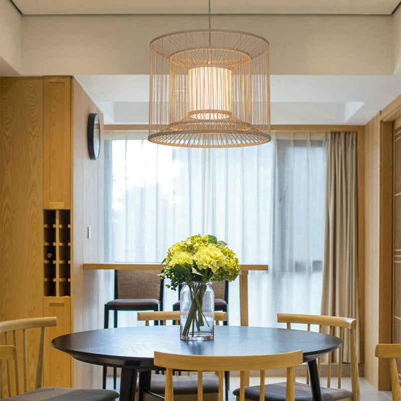14"/16" Wide Cylinder Pendant Lamp Asian Style Bamboo 1-Light Beige Hanging Light Fixture for Dining Room
