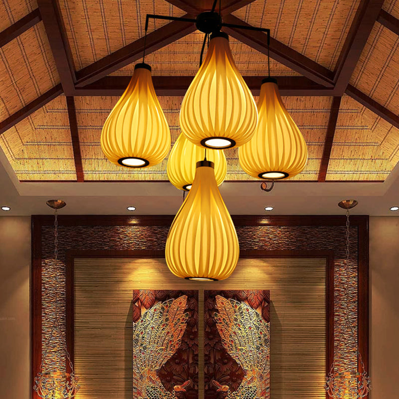 Holzfurnier Tränenheize helles asiatischer Stil 5-Licht hellbraun/dunkelbraunes hängendes Leuchte für das Restaurant