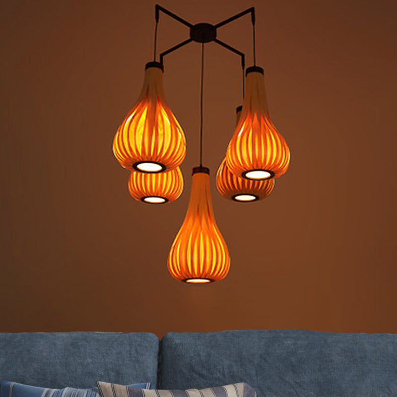 Wood Veneer Teardrop Pendant Light Asian Style 5-Light Light Brown/Dark Brown Hanging Light Fixture for Restaurant