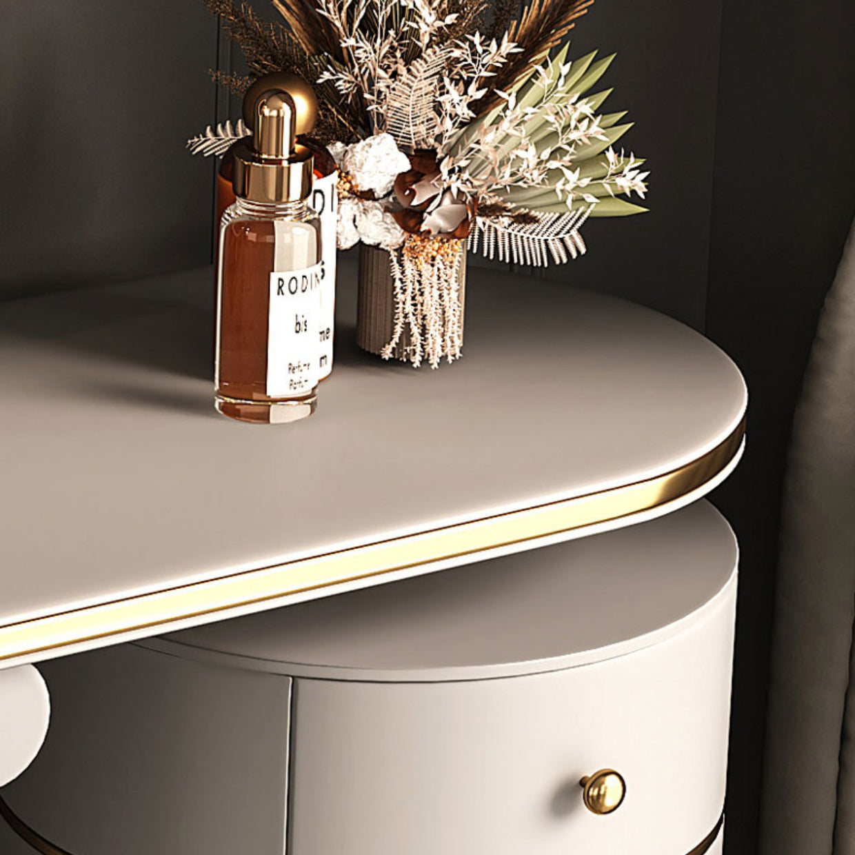 4-Drawer Luxurious Leather Vanity Desk and Stool in Gray - 18.9" D