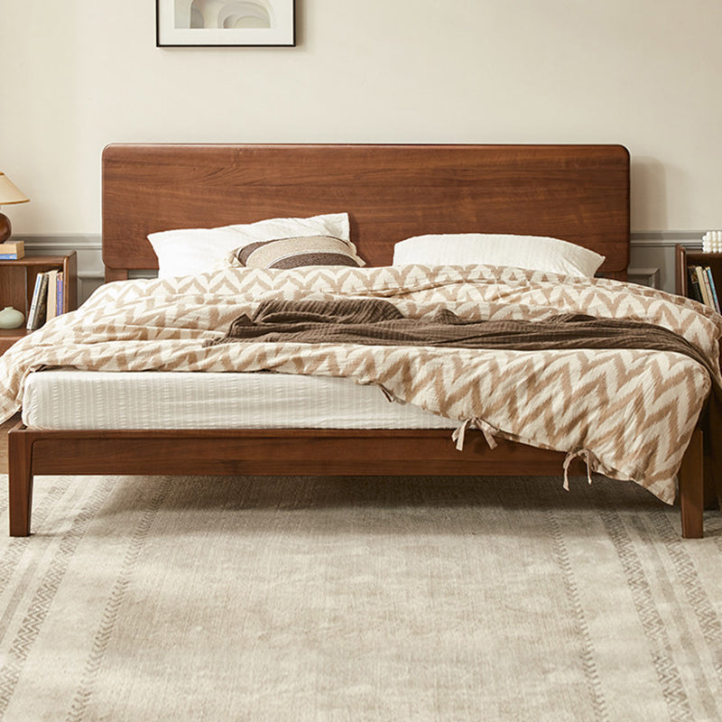 Solid Wood Standard Bed in Brown Panel Bed with Rectangular Headboard