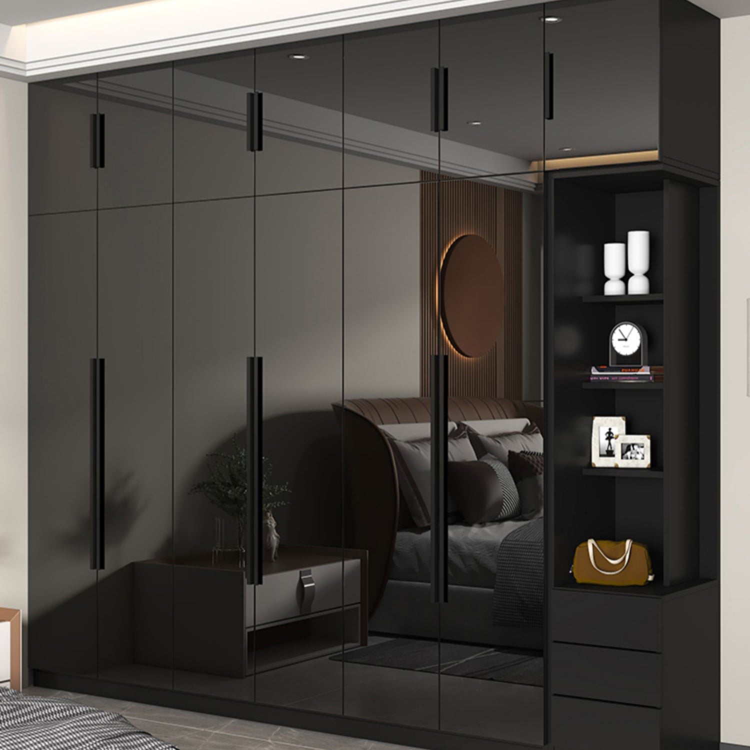 Modern Glass Doors Wardrobe Cabinet Black Bedroom Storage Cabinet