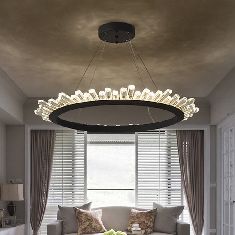 Black/Gold Ring Pendant Chandelier Modern Crystal Accent LED Pendant Light Fixture in White/Warm Light for Living Room, 19.5"/23.5" Wide