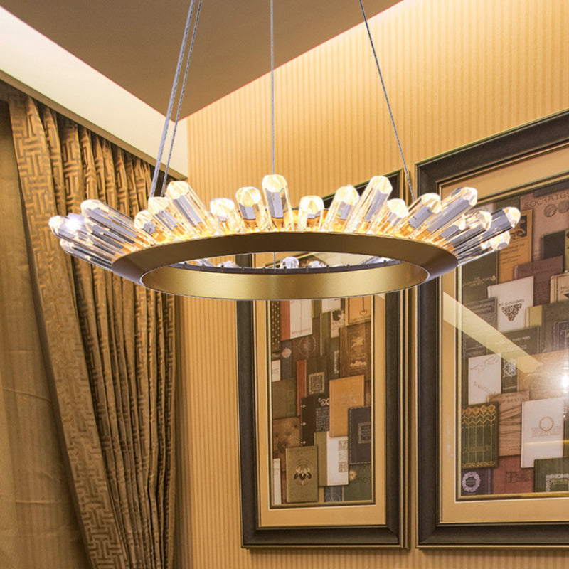 Black/Gold Ring Pendant Chandelier Modern Crystal Accent LED Pendant Light Fixture in White/Warm Light for Living Room, 19.5"/23.5" Wide