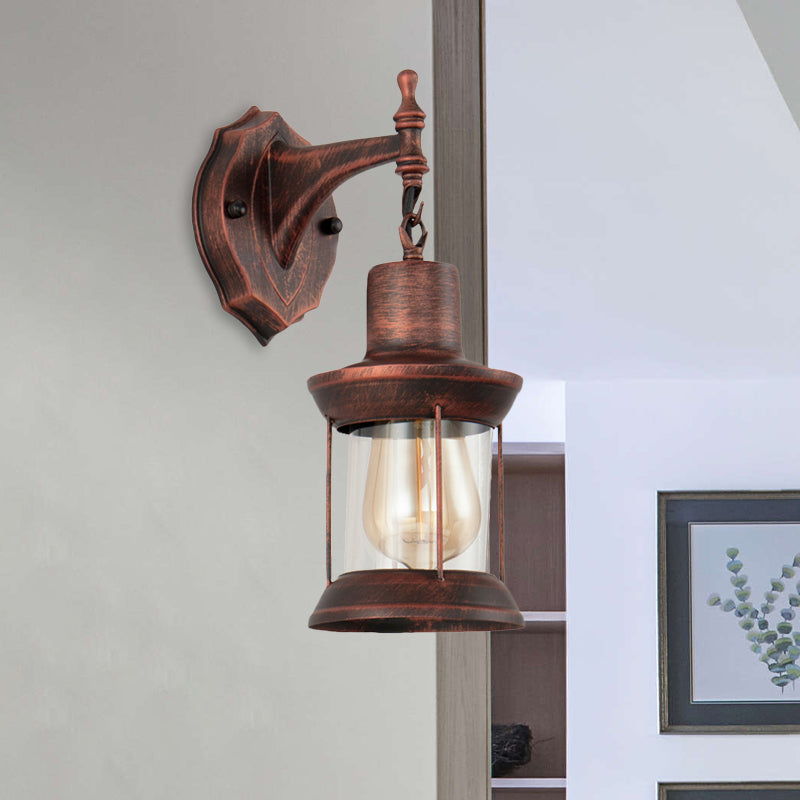Lantern Clear Glass Wall Mounted Lamp Industrial Single Bulb Bathroom Sconce Light in Antique Copper