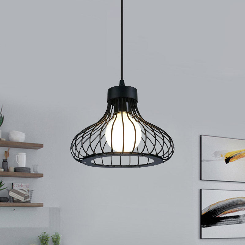 1 leichte Zwiebeldecke Hanges Licht mit Drahtkäfig Retro Black Metall Anhänger Beleuchtung für Küche