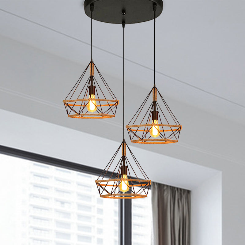Industrial Stylish Diamond Cage Pendant Lamp 3 Lights Metal and Rope Hanging Lamp with Round/Linear Canopy in Black