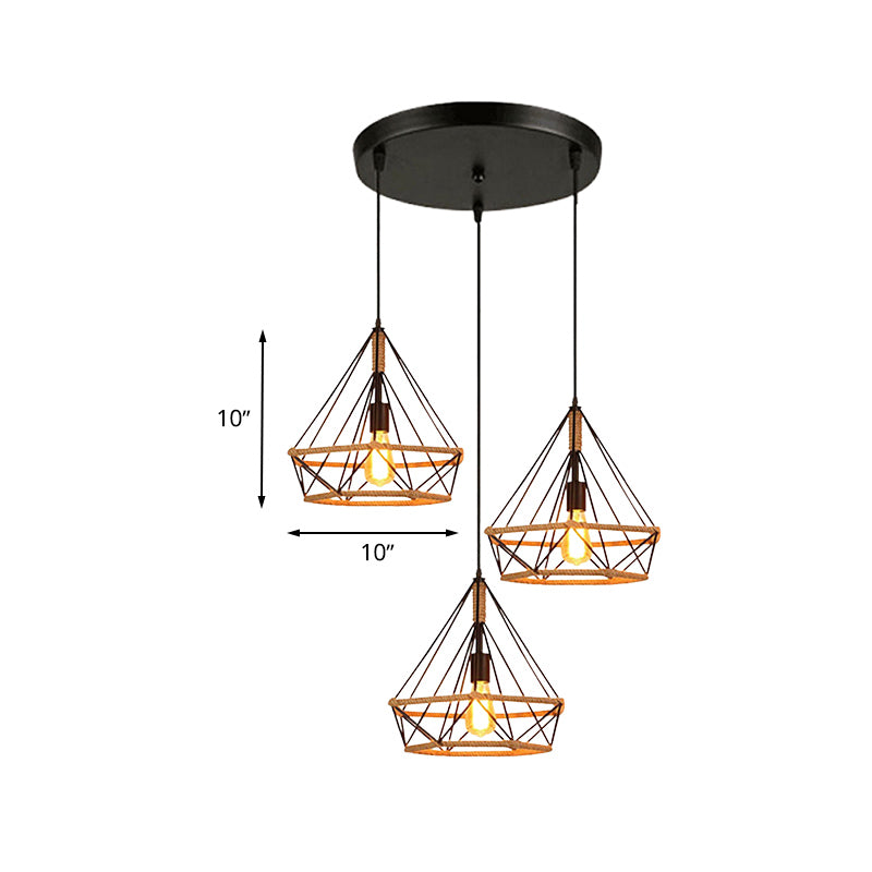 Industrial Stylish Diamond Cage Pendant Lamp 3 Lights Metal and Rope Hanging Lamp with Round/Linear Canopy in Black