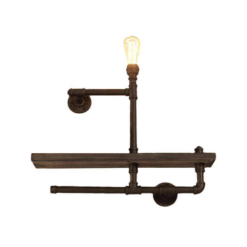 1/2-Bulb Wood Shelf Wall Lighting with Water Pipe Vintage Stylish Bronze Wall Mount Light for Living Room