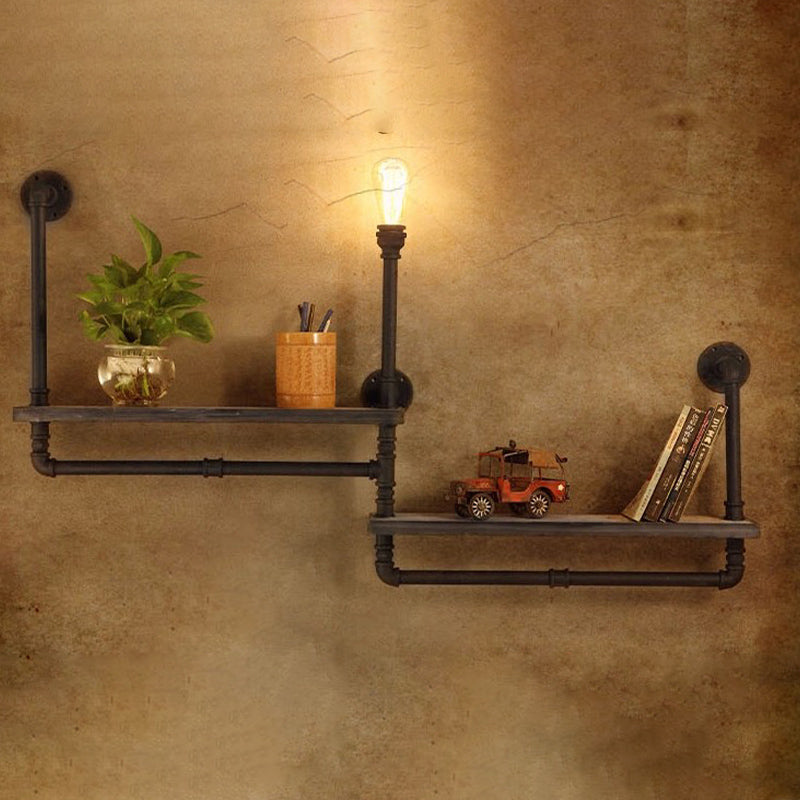 1/2-Bulb Wood Shelf Wall Lighting with Water Pipe Vintage Stylish Bronze Wall Mount Light for Living Room