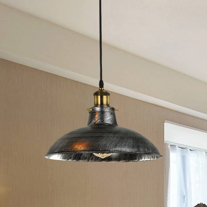 Antique Stylish Bowl Pendant Lamp 12"/14" W 1 Light Wrought Iron Hanging Fixture with Plug in Cord in Black/Grey