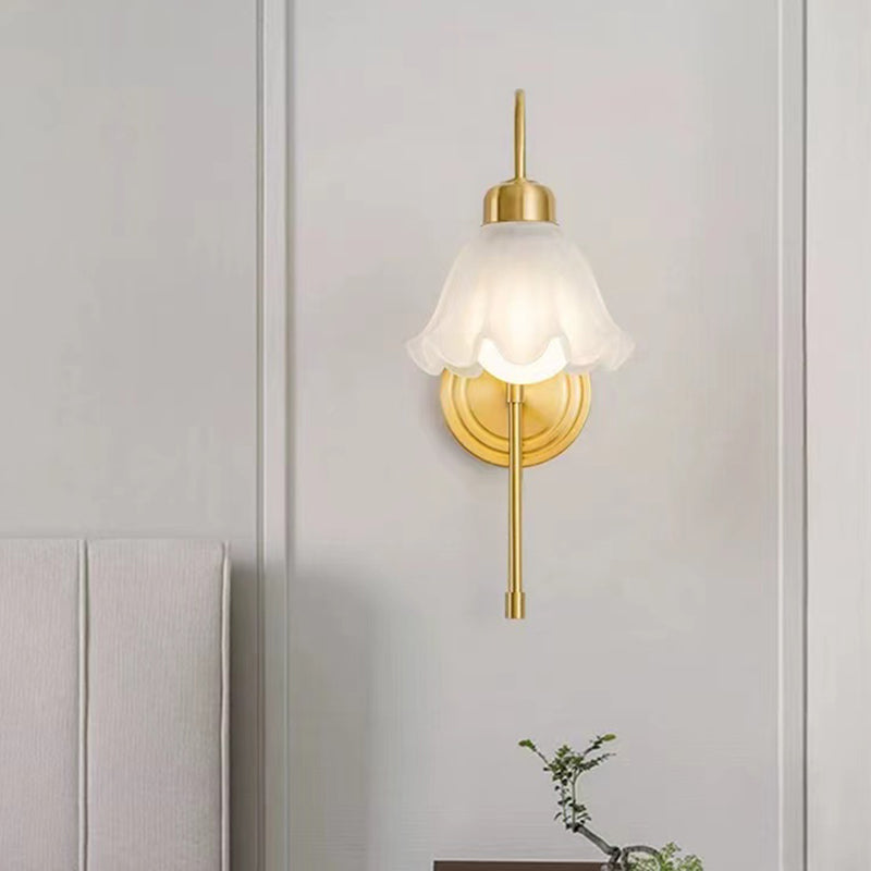 Modern Metal Wall Sconce Flower Shape Wall Light with Glass Shade for Bedroom in Gold