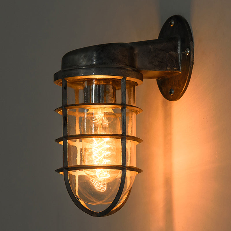 Coastal Caged Wall Lighting Fixture 1 Bulb Clear Glass Sconce Light in Brass/Copper/Chrome for Kitchen