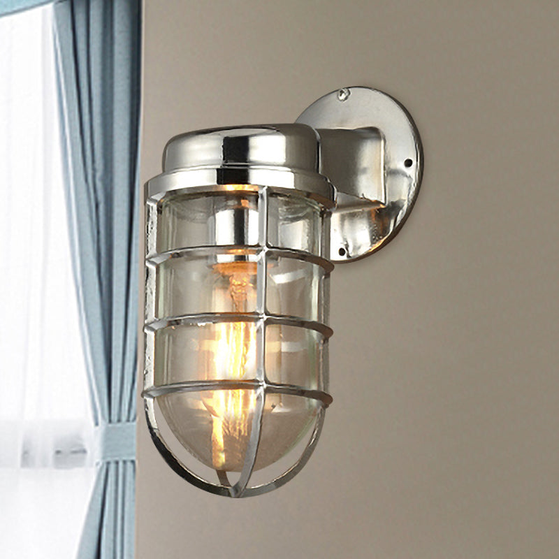 Coastal Caged Wall Lighting Fixture 1 Bulb Clear Glass Sconce Light in Brass/Copper/Chrome for Kitchen