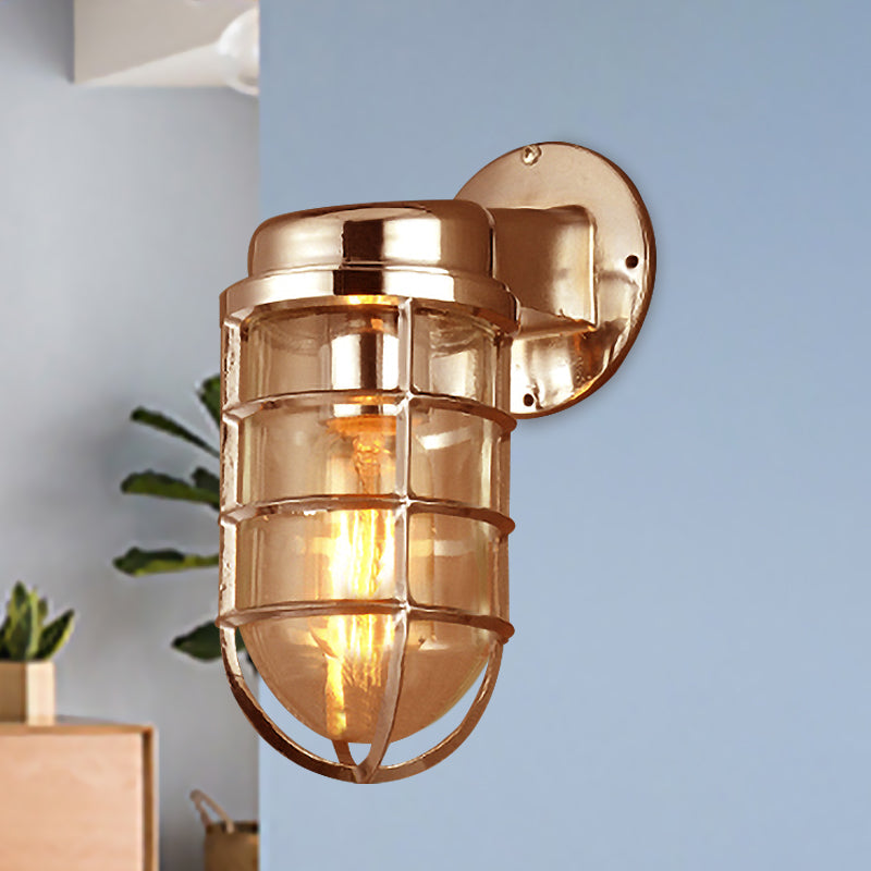Coastal Caged Wall Lighting Fixture 1 Bulb Clear Glass Sconce Light in Brass/Copper/Chrome for Kitchen