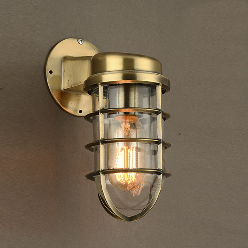 Coastal Caged Wall Lighting Fixture 1 Bulb Clear Glass Sconce Light in Brass/Copper/Chrome for Kitchen