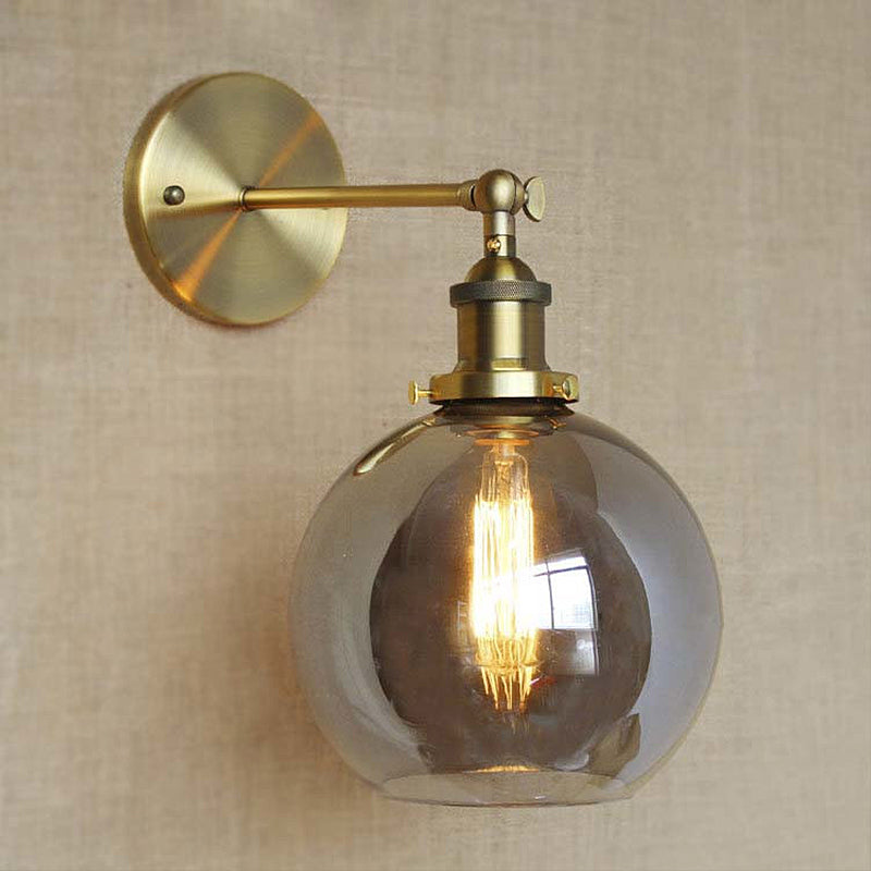 1 Light Bubble Shade Sconce Light Vintage Brass Smoked Glass Wall Lamp for Coffee Shop