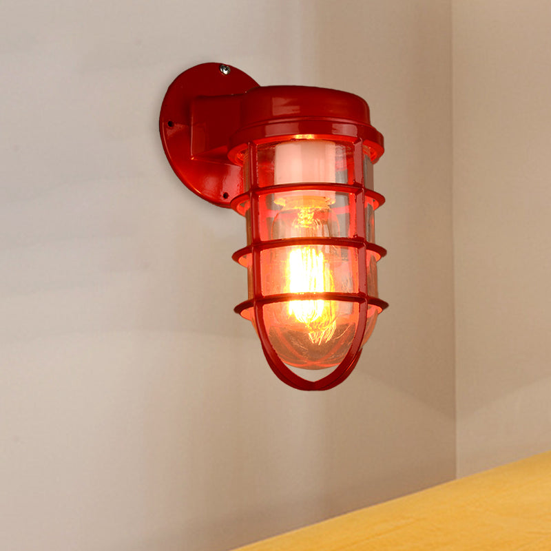 1 Bulb Metal Caged Wall Mounted Light Fixture Coastal Red/Blue Clear Glass Lighting for Outdoor