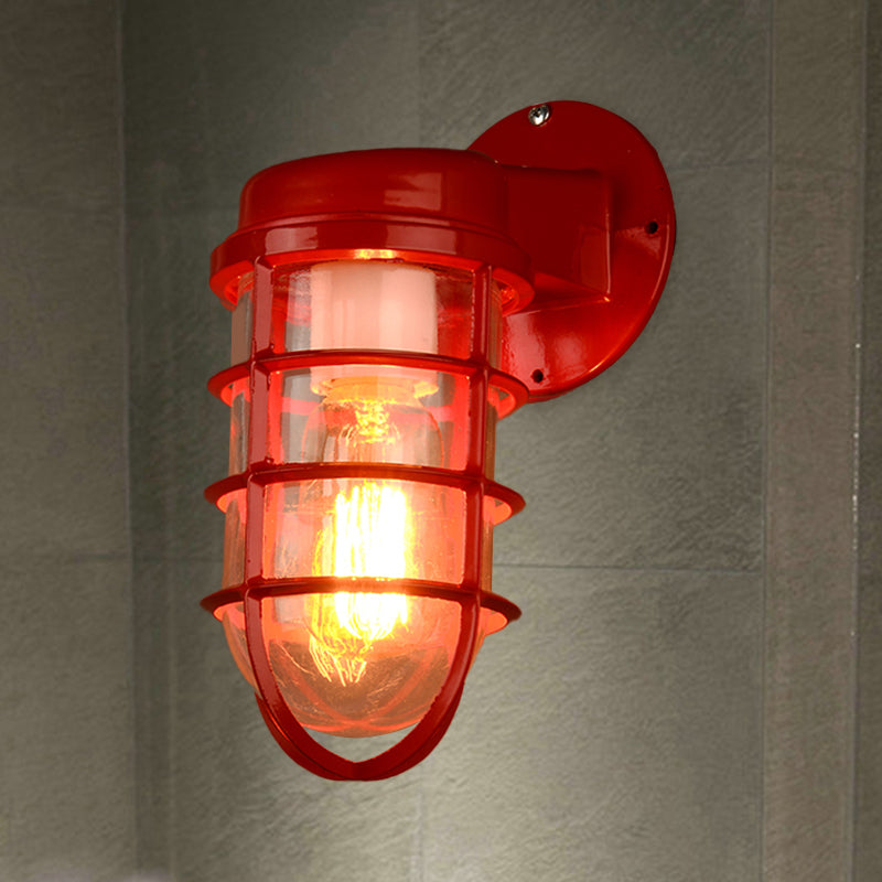 1 Bulb Metal Caged Wall Mounted Light Fixture Coastal Red/Blue Clear Glass Lighting for Outdoor