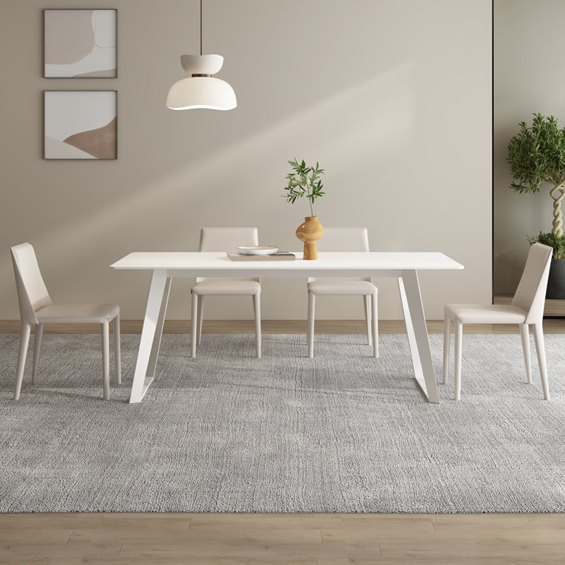 Modern Rectangle Dining Table White Stone Tabletop with Metal Sled Base
