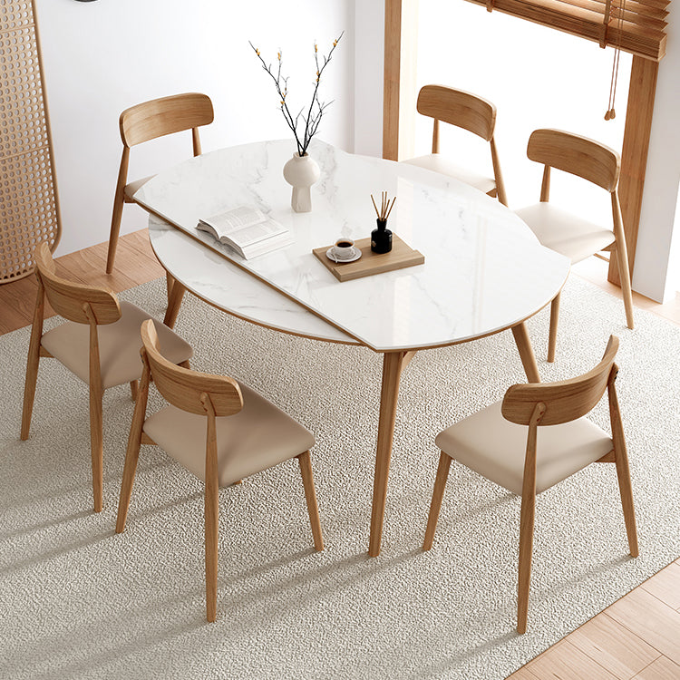 Modern Round Dining Table White Stone Tabletop with Solid Wood Legs