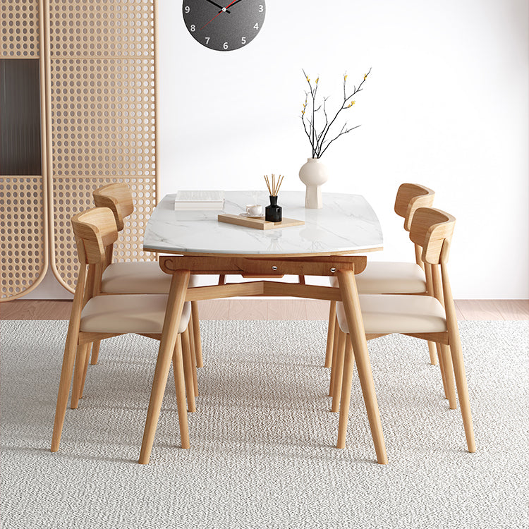 Modern Round Dining Table White Stone Tabletop with Solid Wood Legs