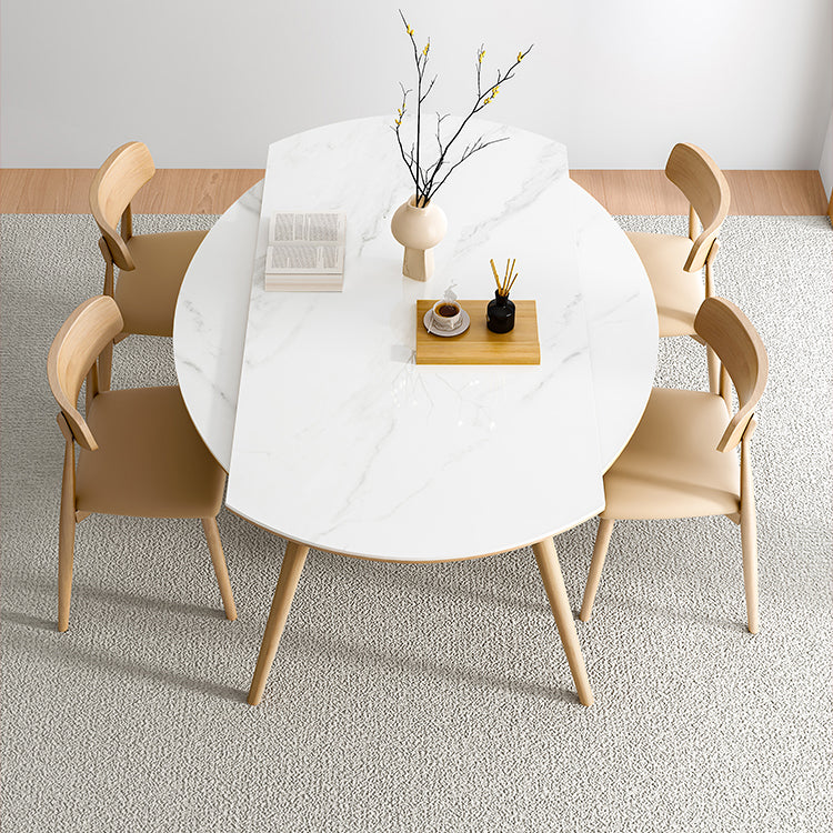 Modern Round Dining Table White Stone Tabletop with Solid Wood Legs