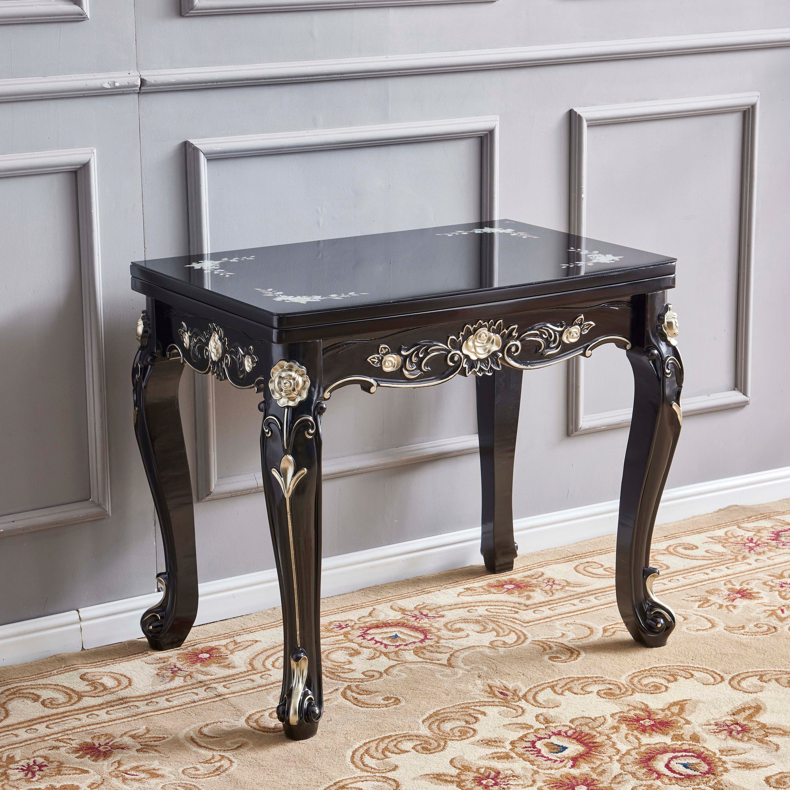 Glam Foldable Rectangle Dining Table Glass Tabletop with Wood Legs
