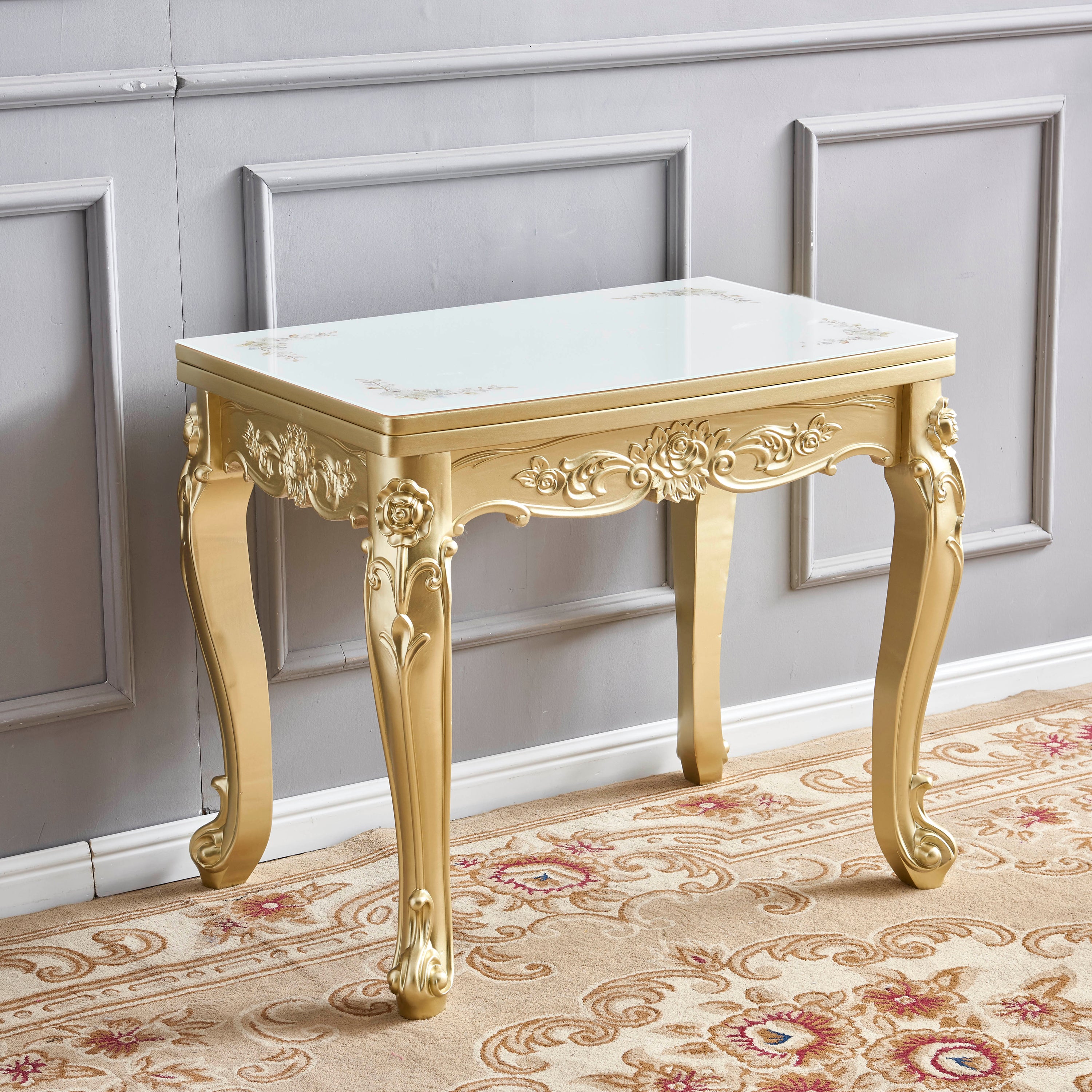 Glam Foldable Rectangle Dining Table Glass Tabletop with Wood Legs
