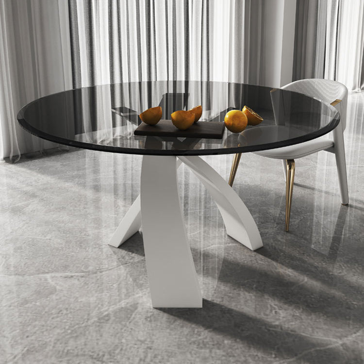 Modern Round Dining Table Glass Tabletop with Metal Pedestal Base
