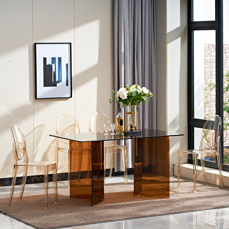 Modern Rectangle Glass Top Dining Table with Double Pedestal Base