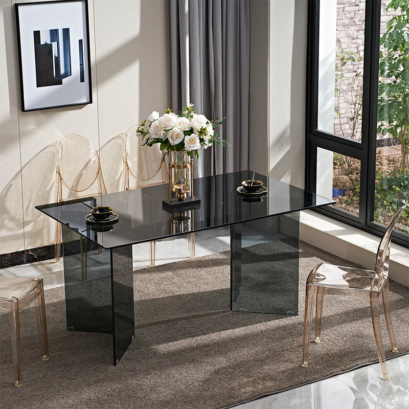 Modern Rectangle Glass Top Dining Table with Double Pedestal Base
