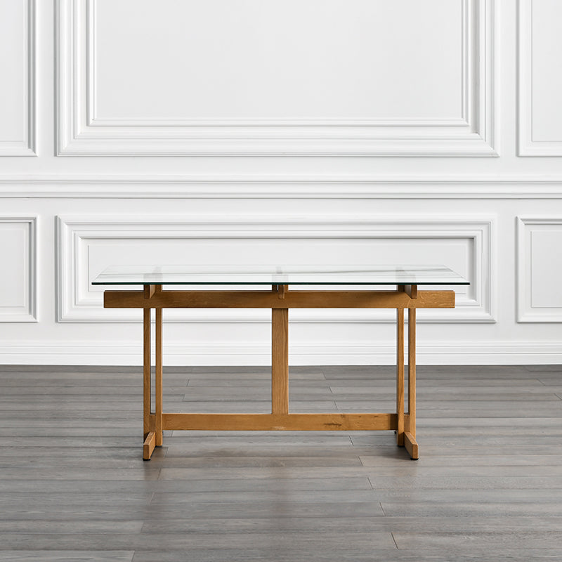 Clear Modern Rectangle Glass Dining Table with Solid Wood Trestle Base