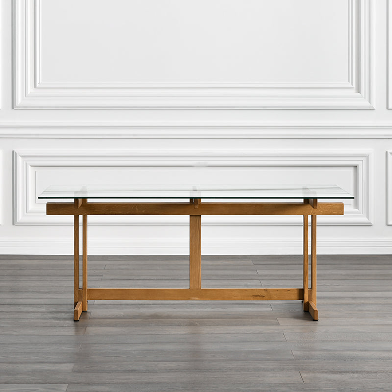 Clear Modern Rectangle Glass Dining Table with Solid Wood Trestle Base