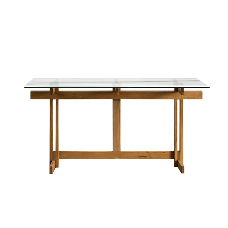 Clear Modern Rectangle Glass Dining Table with Solid Wood Trestle Base