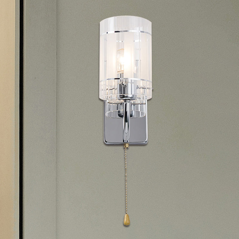 Clear Glass Chrome Sconce Light Cylinder 1/2 Light Modern Wall Lamp Fixture for Living Room with Pull Chain