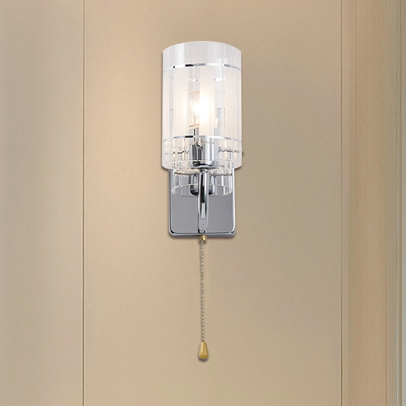 Clear Glass Chrome Sconce Light Cylinder 1/2 Light Modern Wall Lamp Fixture for Living Room with Pull Chain