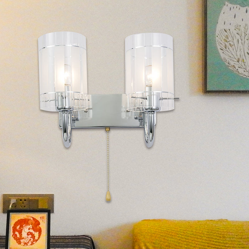 Clear Glass Chrome Sconce Light Cylinder 1/2 Light Modern Wall Lamp Fixture for Living Room with Pull Chain
