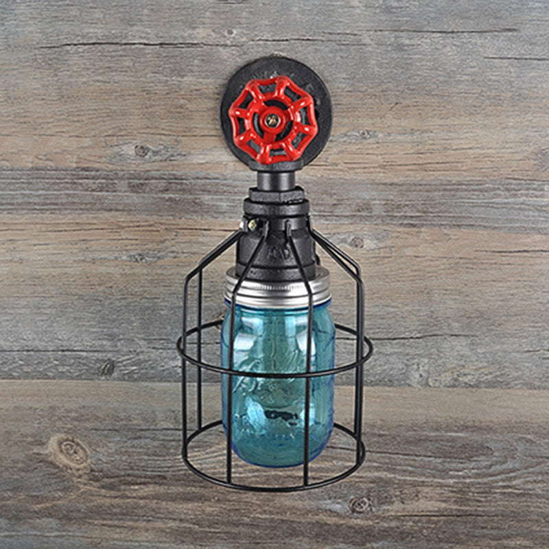 Vintage Caged Wall Light with Inner Jar Shade and Red Valve 1 Light Glass Sconce Lighting in Blue/Clear