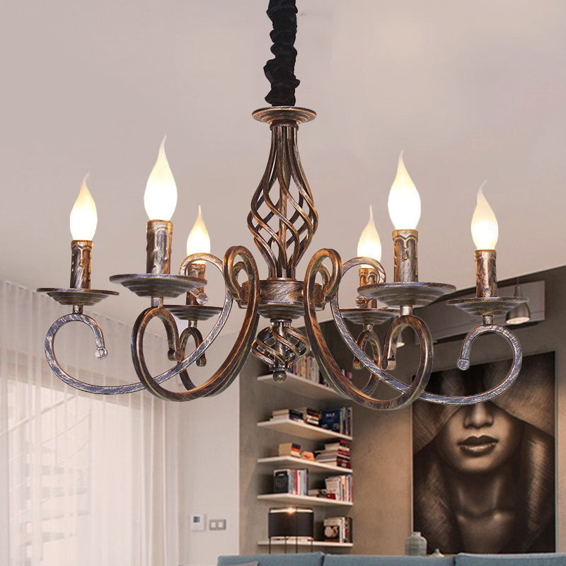 Vintage Stylish Candle Chandelier Lamp 6 Bulbs Wrought Iron Hanging Lighting with Curved Arm in Bronze