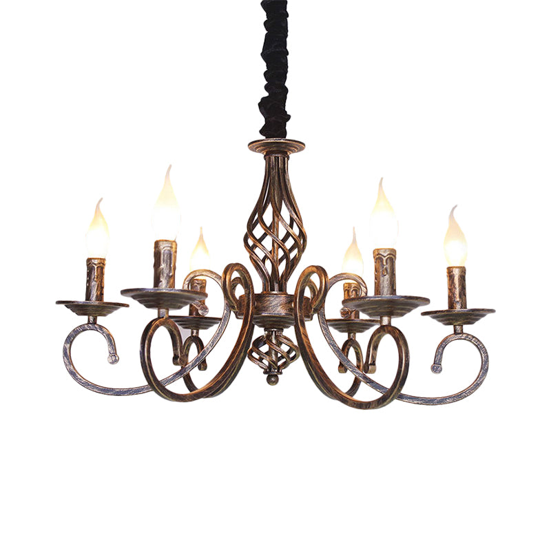 Vintage stijlvolle kaarsenkroonluchter lamp 6 lampen smeedijzeren hangende verlichting met gebogen arm in brons