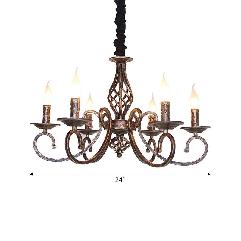 Lampe de lustre à bougie élégante vintage 6 bulbes en fer forgé éclairage avec un bras incurvé en bronze