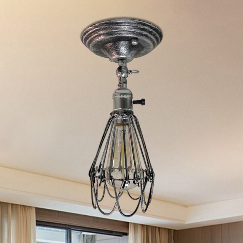 Plafonnier semi-encastré en cage en fer forgé, style ferme, élégant, 1 lumière, luminaire de plafond pour chambre à coucher, rouille/argent vieilli