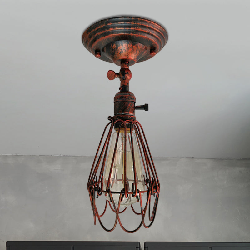 Plafonnier semi-encastré en cage en fer forgé, style ferme, élégant, 1 lumière, luminaire de plafond pour chambre à coucher, rouille/argent vieilli