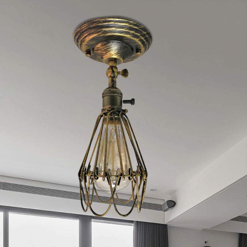 Plafonnier semi-encastré en cage en fer forgé, style ferme, élégant, 1 lumière, luminaire de plafond pour chambre à coucher, rouille/argent vieilli