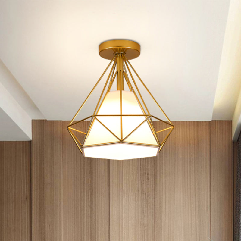 Gold Cage Diamond Semi Flush Hanglamp Vintage Industrieel Metaal 1 Licht Slaapkamer Plafondlamp