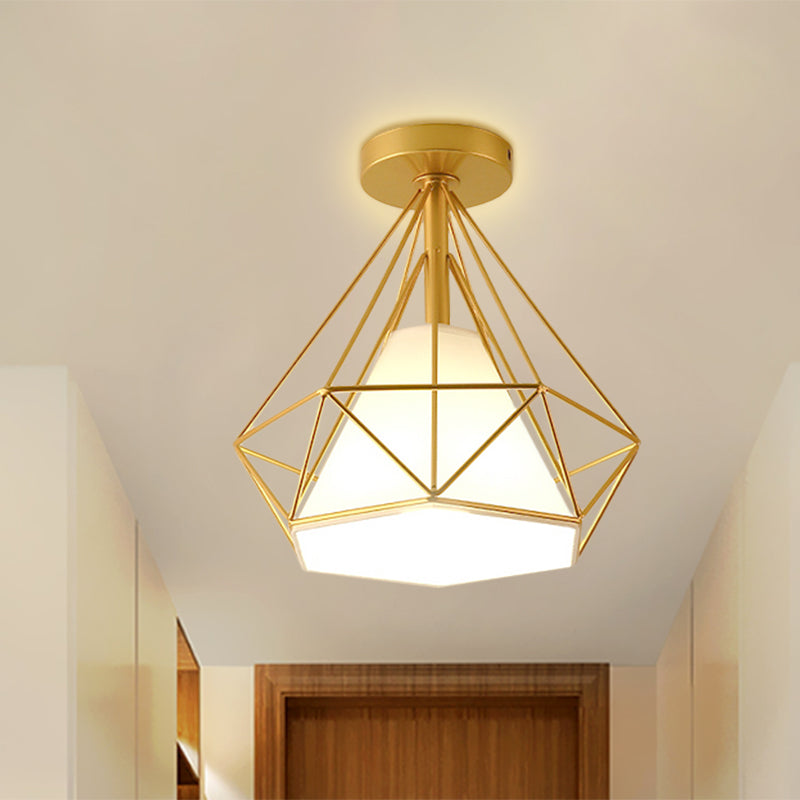 Gold Cage Diamond Semi Flush Pendant Light Vintage Industrial Metal 1 Light Bedroom Ceiling Light Fixture