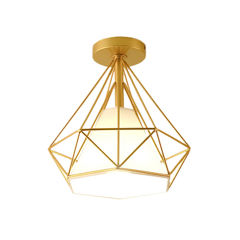 Gold Cage Diamond Semi Flush Hanglamp Vintage Industrieel Metaal 1 Licht Slaapkamer Plafondlamp